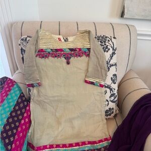 Girls Beige & Pink Embroidered Matching Set